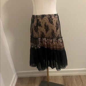 Black Sheer Lace Tiered Midi Skirt with Patterned Panel